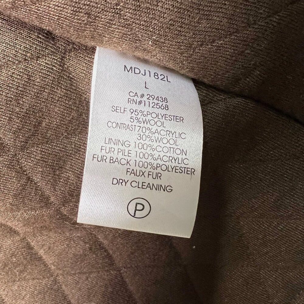 Miss Me Brown Faux Fur Trim Southwestern Toggle L Coat Quilt Lined Wool Blend - Picture 5 of 9